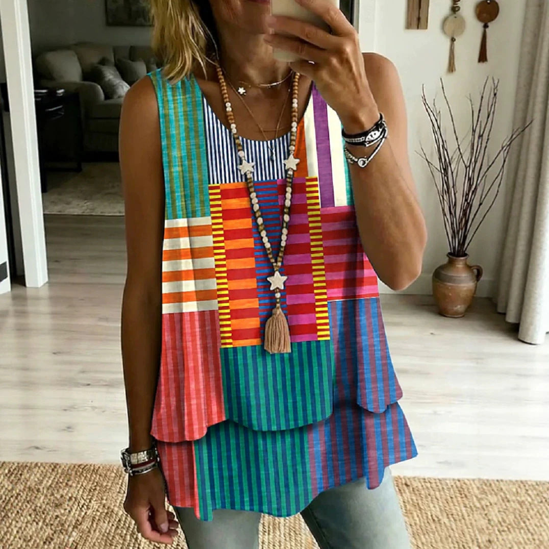 Geometric Crew-Neck Sleeveless Tee for Women