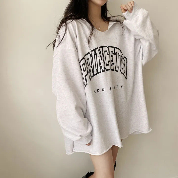 Korean Style Letter Print Loose Hooded Casual Sweater