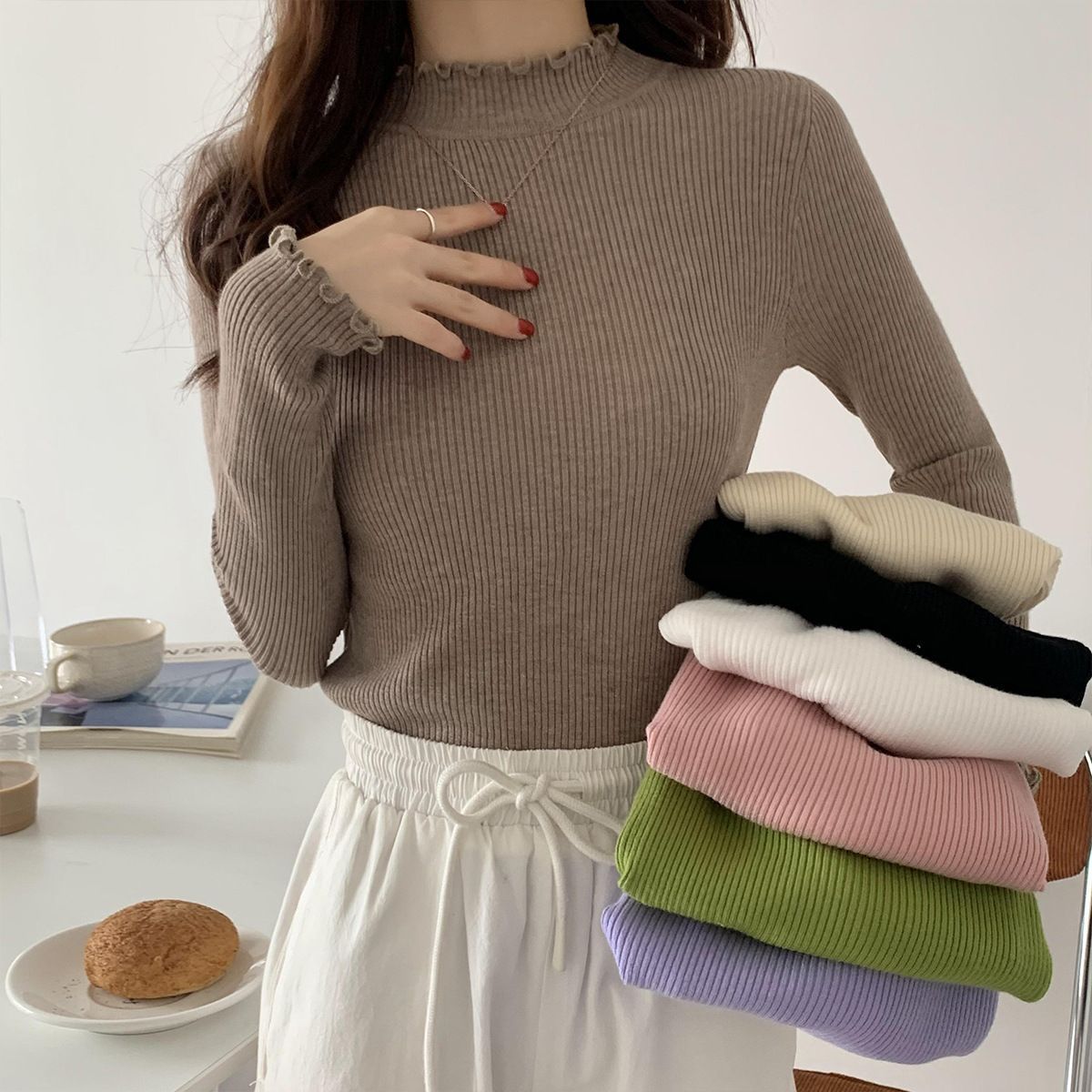 Slim-Fit Mock Neck Long-Sleeve Layering Sweater