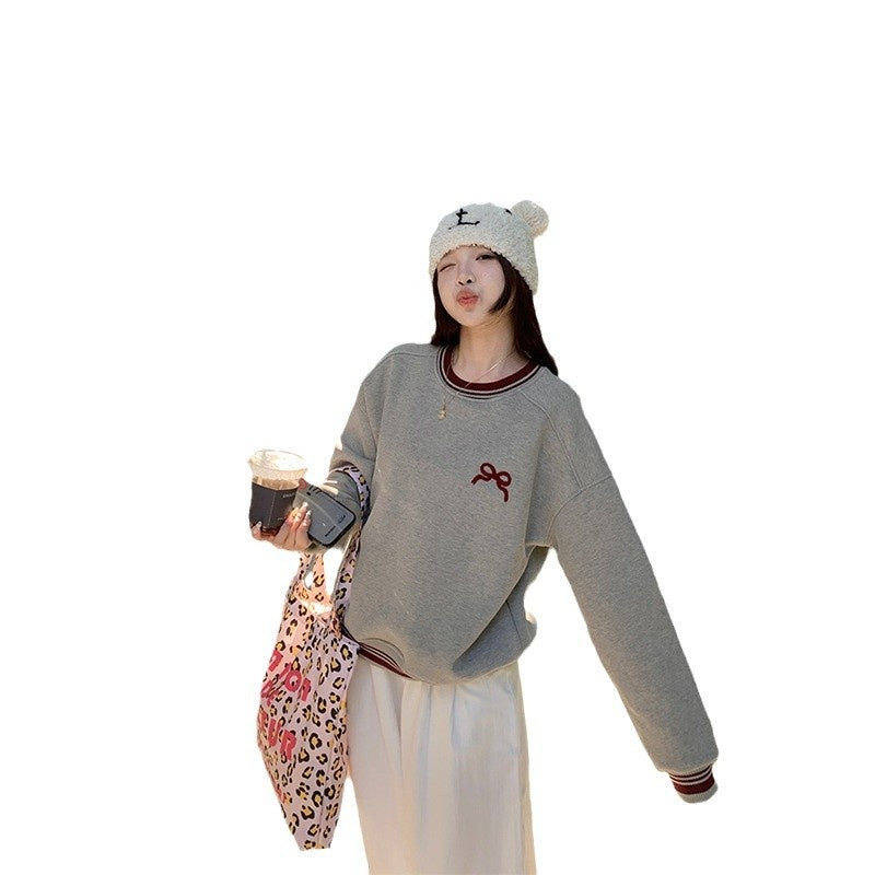 Korean Style Fleece-lined Embroidered Bow Round Neck Sweater For Women