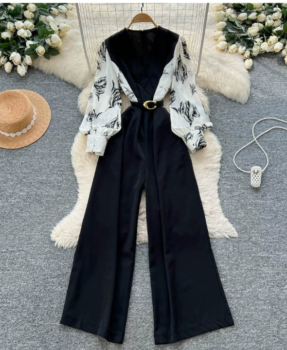 Elegant Floral Patchwork Long-Sleeve Jumpsuit