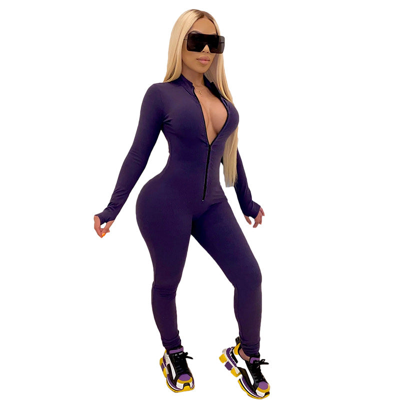 Solid color sports jumpsuit