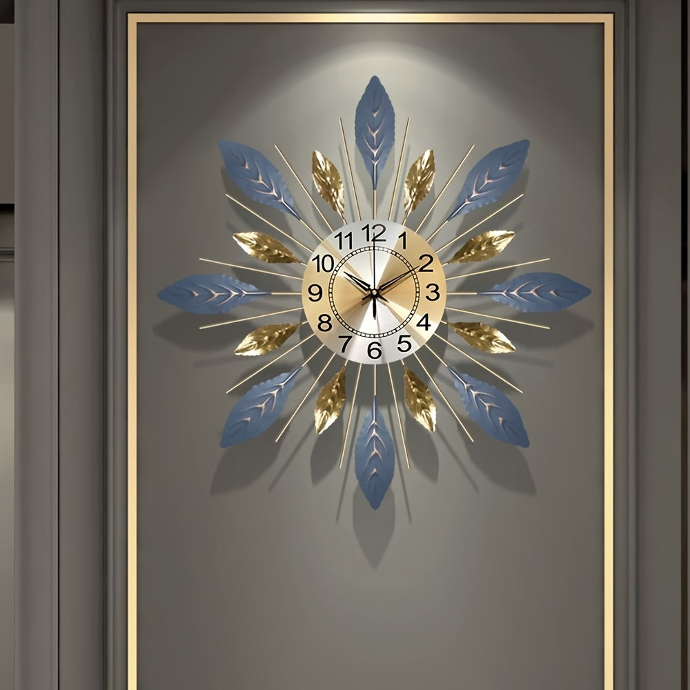 29" Metal Leaf Wall Clock with Silent Quartz Movement – Golden & Blue Artistic Design, Modern Indoor/Outdoor Decor, Perfect for Mother's Day, Father's Day, Birthdays, Anniversaries, Graduation, Halloween, Christmas Gifts, Wall Clock Living Room