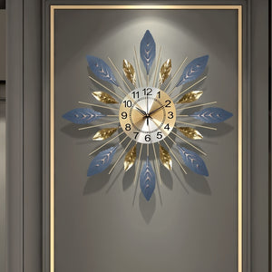 29" Metal Leaf Wall Clock with Silent Quartz Movement – Golden & Blue Artistic Design, Modern Indoor/Outdoor Decor, Perfect for Mother's Day, Father's Day, Birthdays, Anniversaries, Graduation, Halloween, Christmas Gifts, Wall Clock Living Room