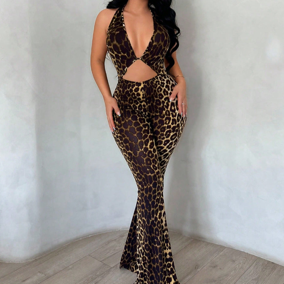 Leopard Print High-Waisted Flared Jumpsuit