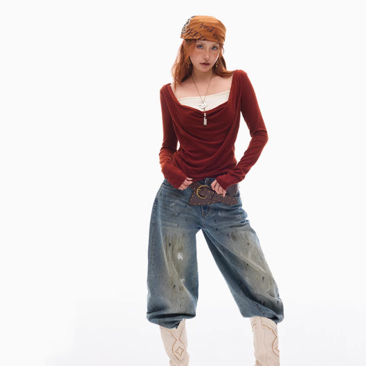 Beaded Swing Collar Knitted Top With Chest Pad