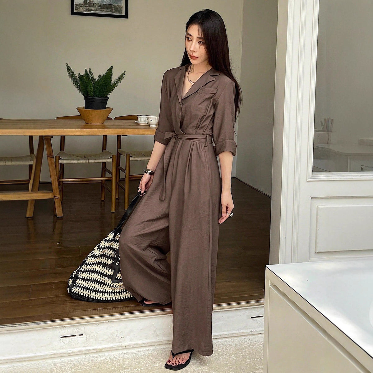 Elegant V-Neck Lace-Up Wide-Leg Jumpsuit