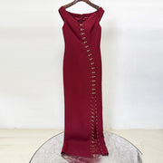 Off-Shoulder Metal Button Slit Maxi Dress