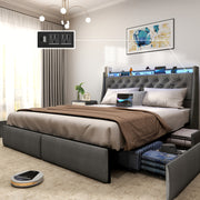 Full Queen King Size Bed Frame With 4 Storage Drawers And Luxury Wingback Upholstered Button Tufted Storage Headboard, Charging Station, Storage Headboard And LED Lights/Noise-Free