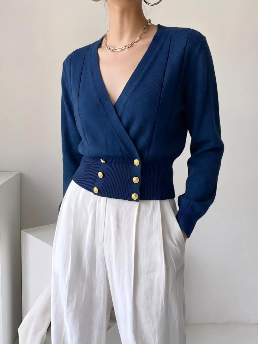 V-neck Double-breasted Knitted Cropped Sweater