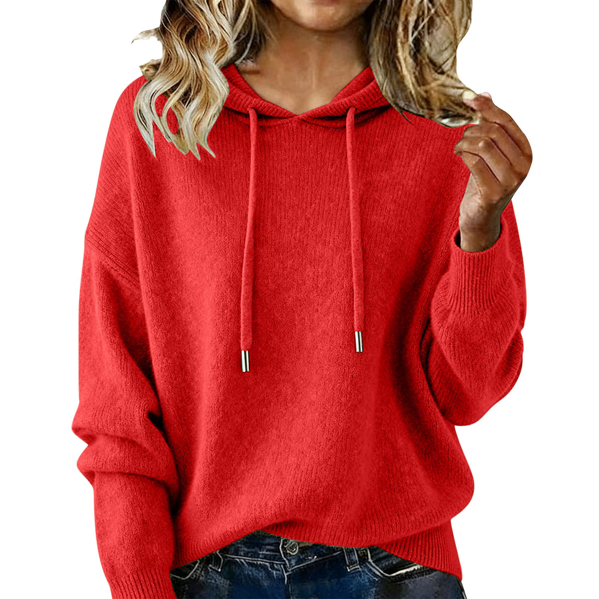 Womens Fashion Solid-color Loose Soft Hoodie with Drawstring