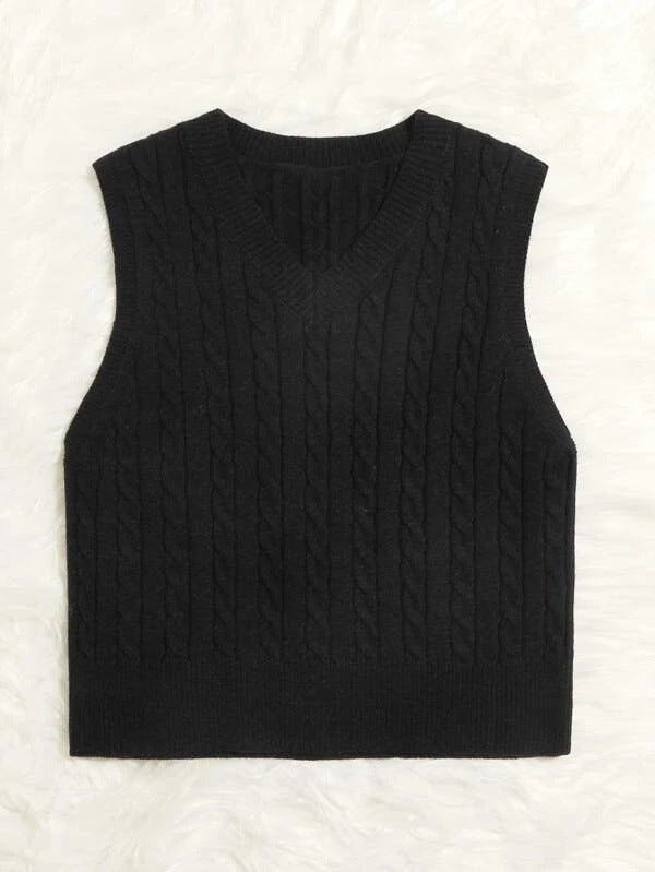 Springsummer Knitted Cabled Vest Pullover with V-neck
