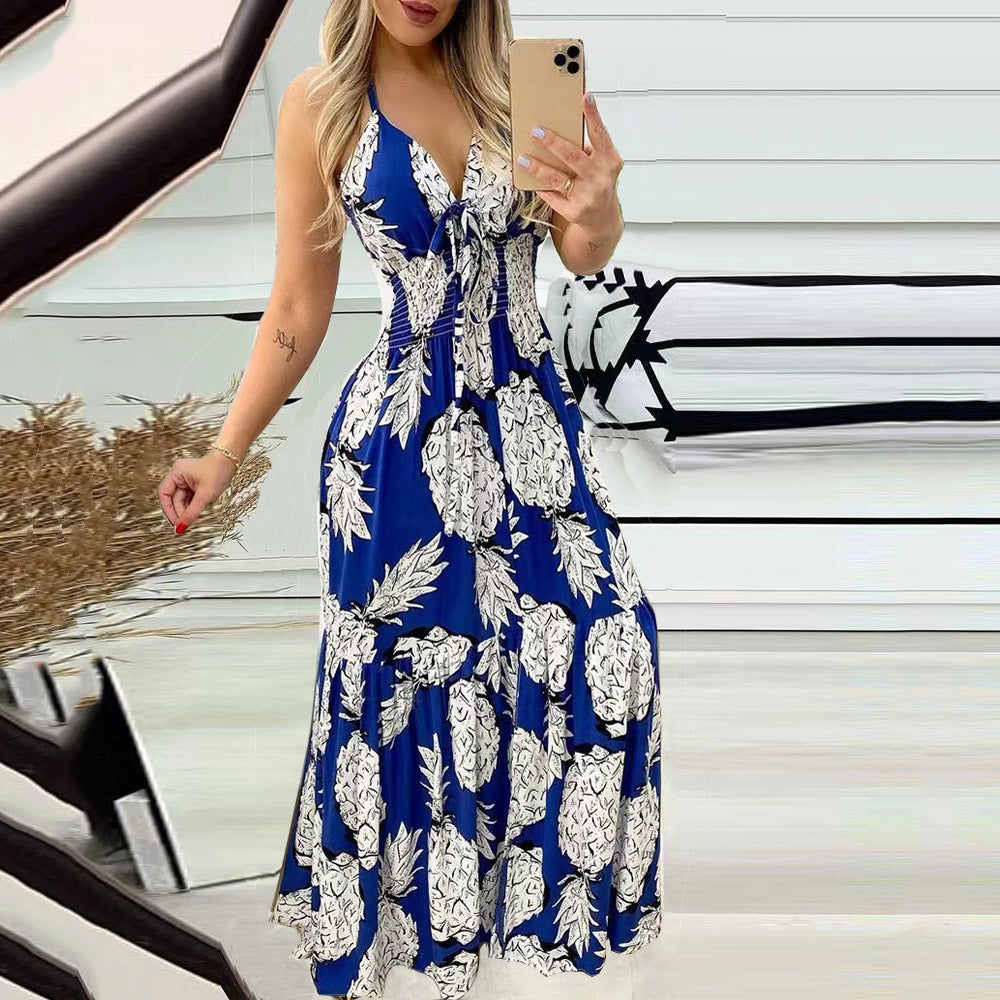 Bohemian Pineapple Print Spaghetti Strap Maxi Dress, Deep V Neck Tie Front Ruched Waist Flowy Long Dress for Beach Vacation Summer Dress for Women