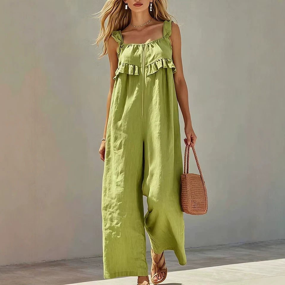 Chic Sleeveless Solid-Color Straight-Leg Jumpsuit