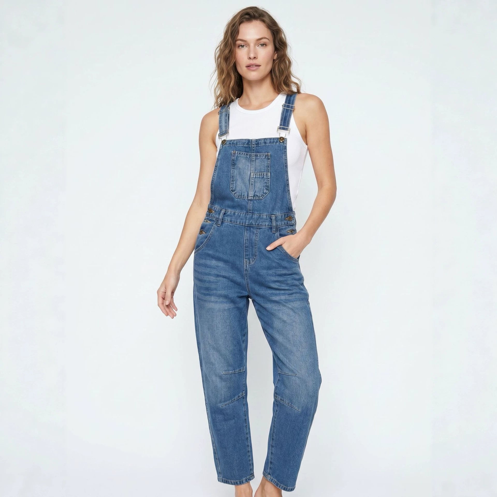 Washed Vintage Loose Straight-leg Womens Denim Overalls Long Pants