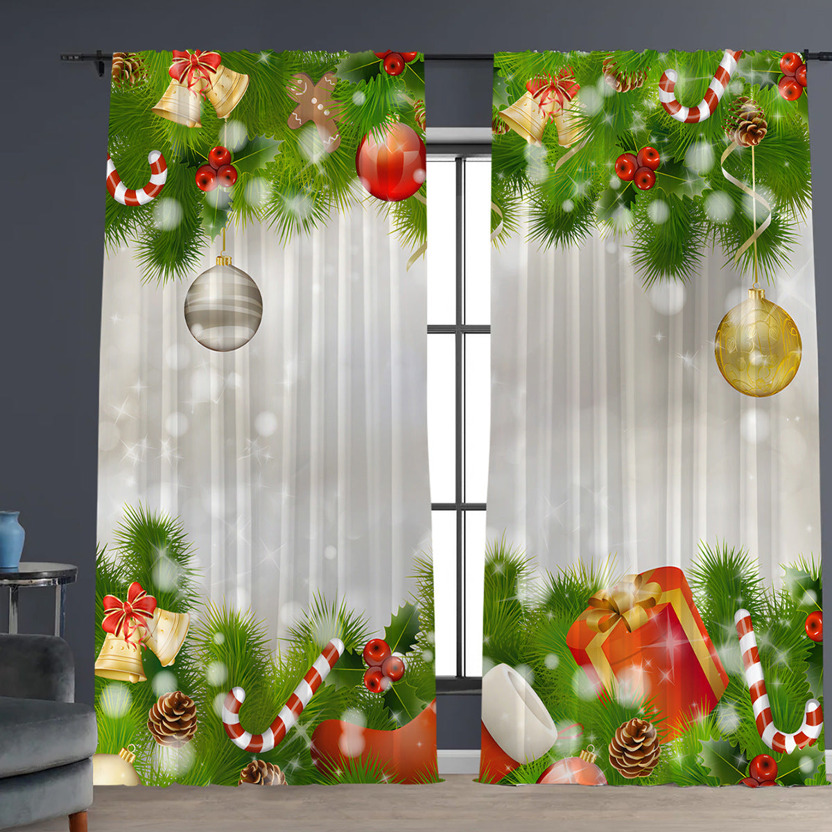 2pcs Christmas Curtain 3d Digital Printing Flower Type
