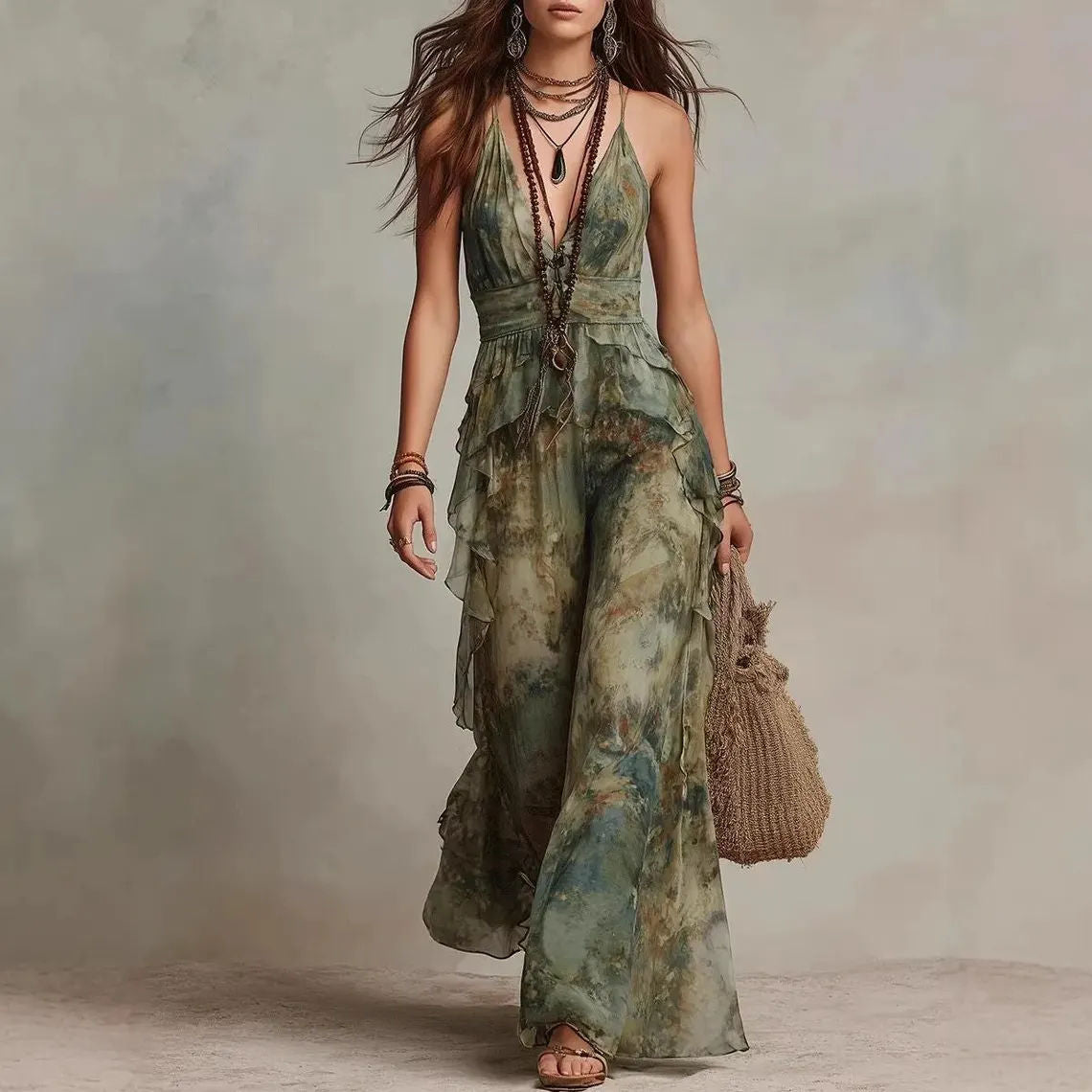 Vintage Tie-dye Strap Dress for Women V-neck with Defined Waist
