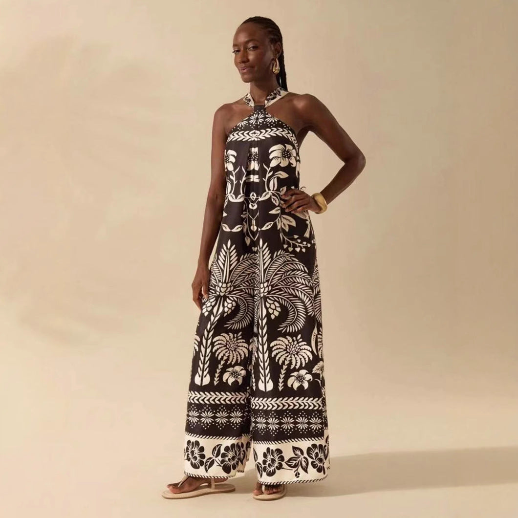 Women's Printed Halter Sleeveless Wide-Leg Romper