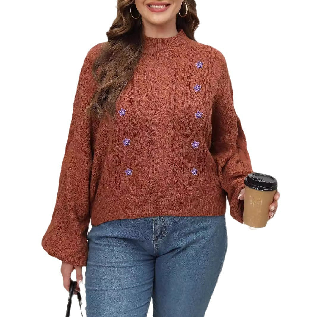 Women's Woven Sweater Plus Size Half-turtleneck Lantern Sleeve Flower Sweater
