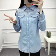 Spring New Nostalgic Slim-fit Denim Shirt Womens Long-sleeve Thin Base Layer Top
