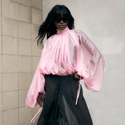 Sheer Lantern Sleeve Pleated Bud-Neckline Shirt
