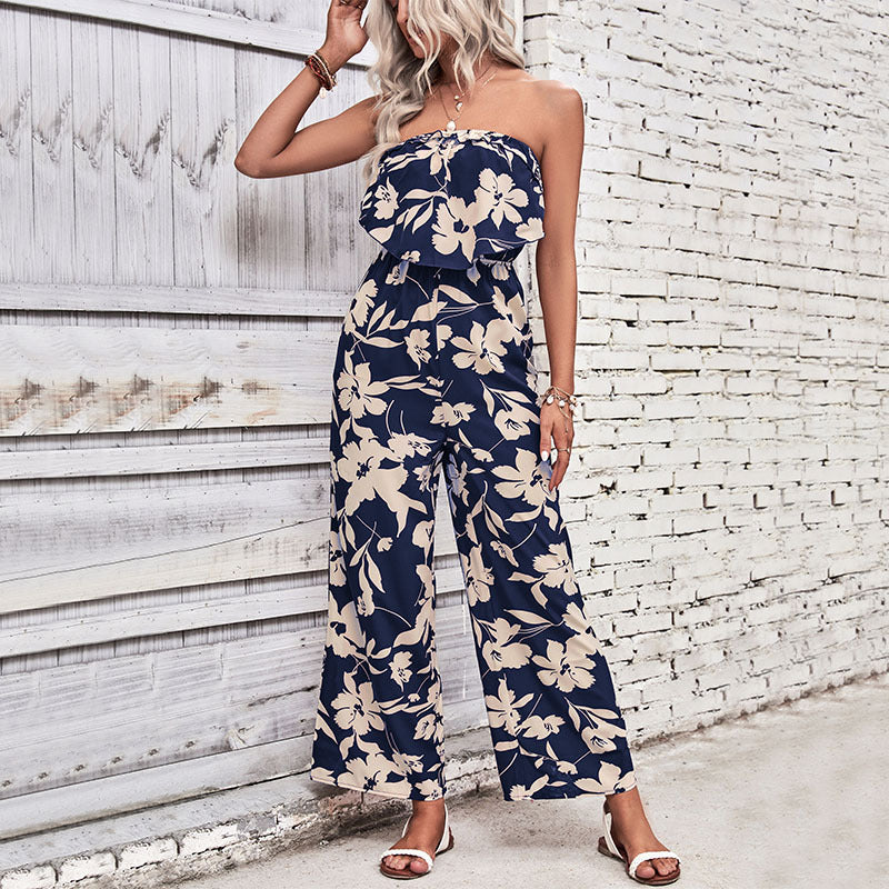 European And American-style Womens Strapless Printed Jumpsuit