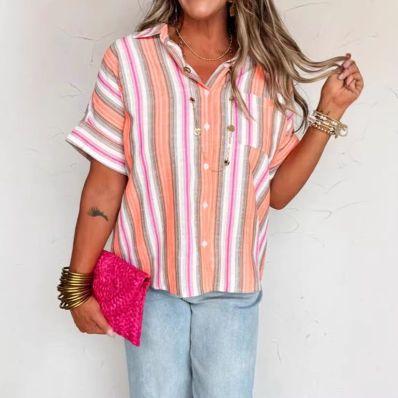 Personalized Striped Print Short-sleeve Summer Blouse For Women