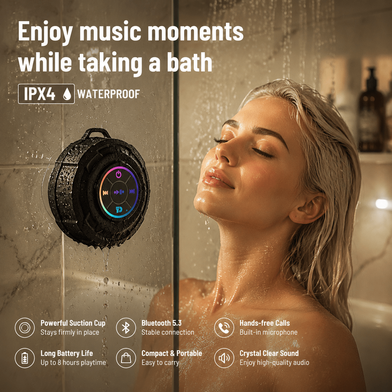 IPX4 Suction‑Cup Shower Speaker – Portable Mini Bluetooth Party Speaker with RGB Light, Deep Bass, Bluetooth 5.3 – Suitable for Bathroom, Pool and Outdoor Use