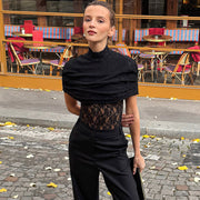 Elegant Slim-Fit Lace Top – Chic Black Short Sleeve