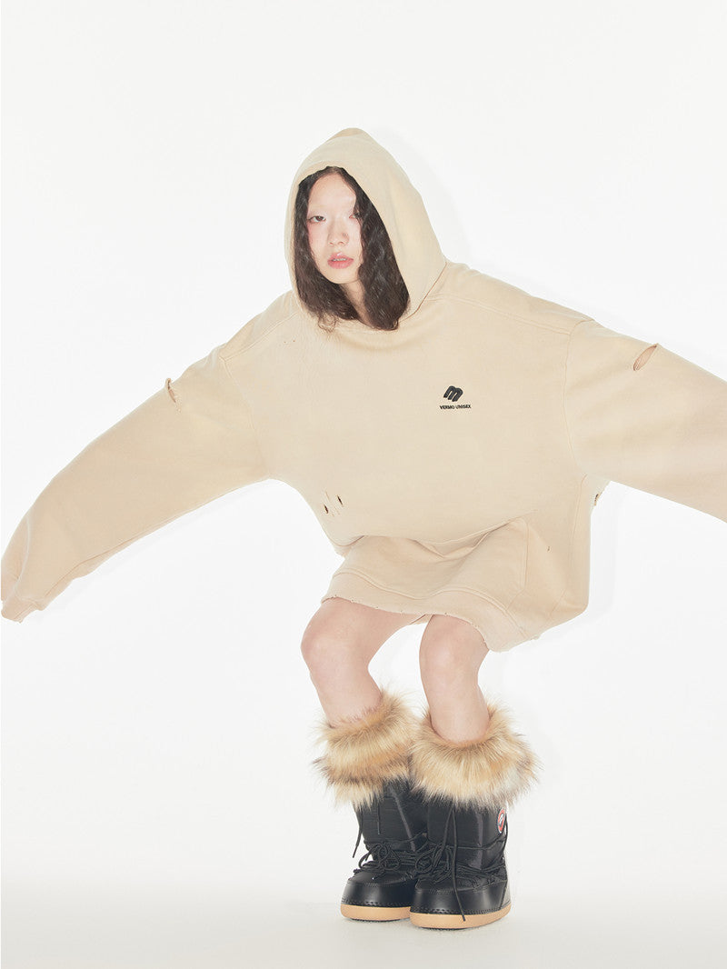 Cozy Distressed Loose Cotton Pullover Hoodie