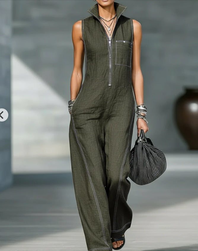Stand-up Collar Jumpsuit With Pockets Summer Fashion Casual Sleeveless Jumpsuit Trousers Women's Clothing