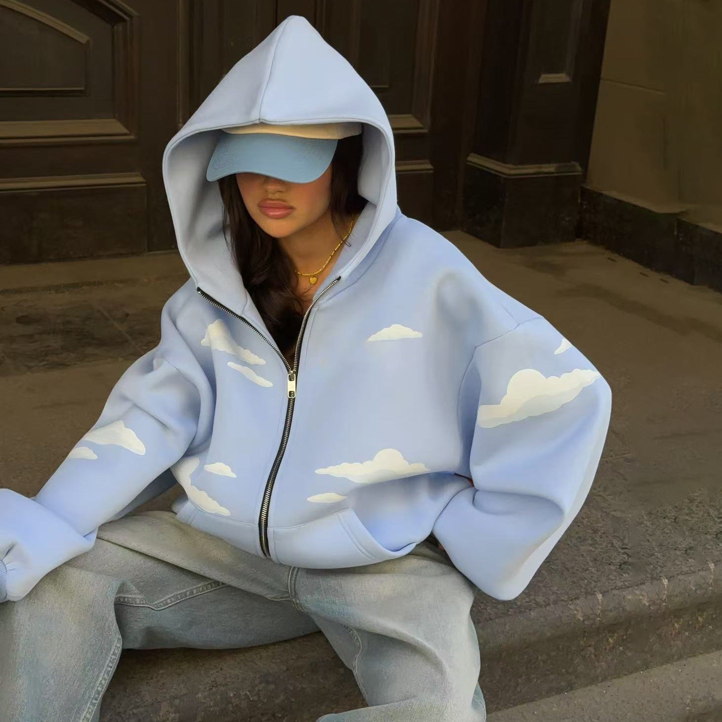 Women's Cloud Print Zip-Up Hoodie Cozy Loose Sweatshirt