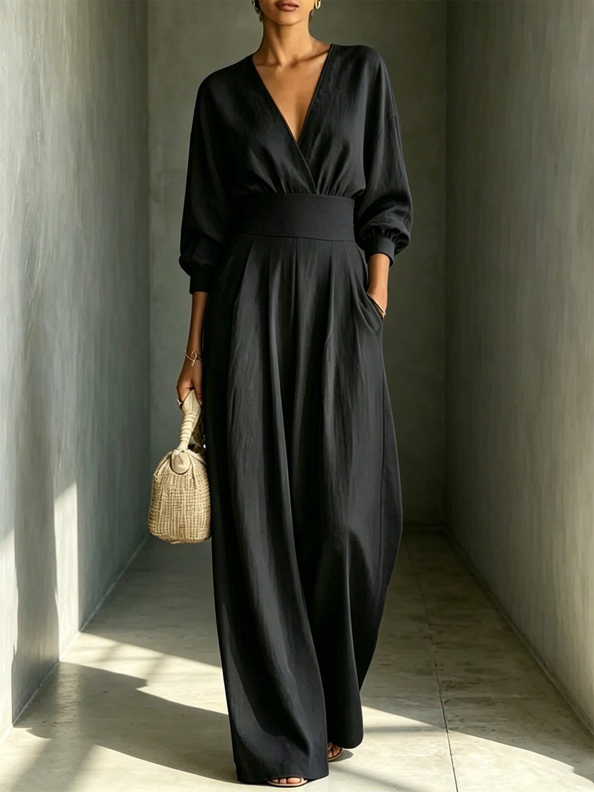 V-Neck Long-Sleeve Fitted Waist Wide-Leg Jumpsuit