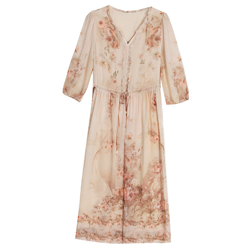 Elegant French Floral Tea-Length Dress