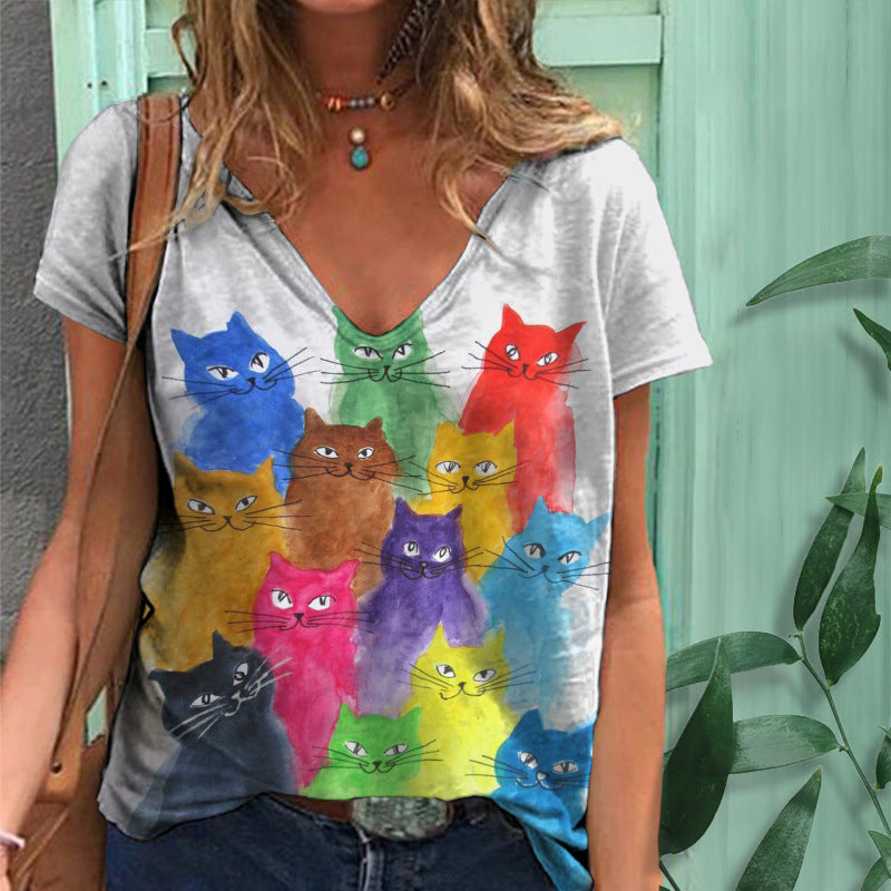 Women's 3D Printed Loose V-Neck Short Sleeve Top