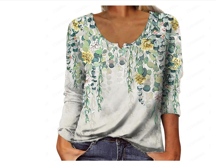 Women's Floral Geometric Long-Sleeve Button U-Neck Top