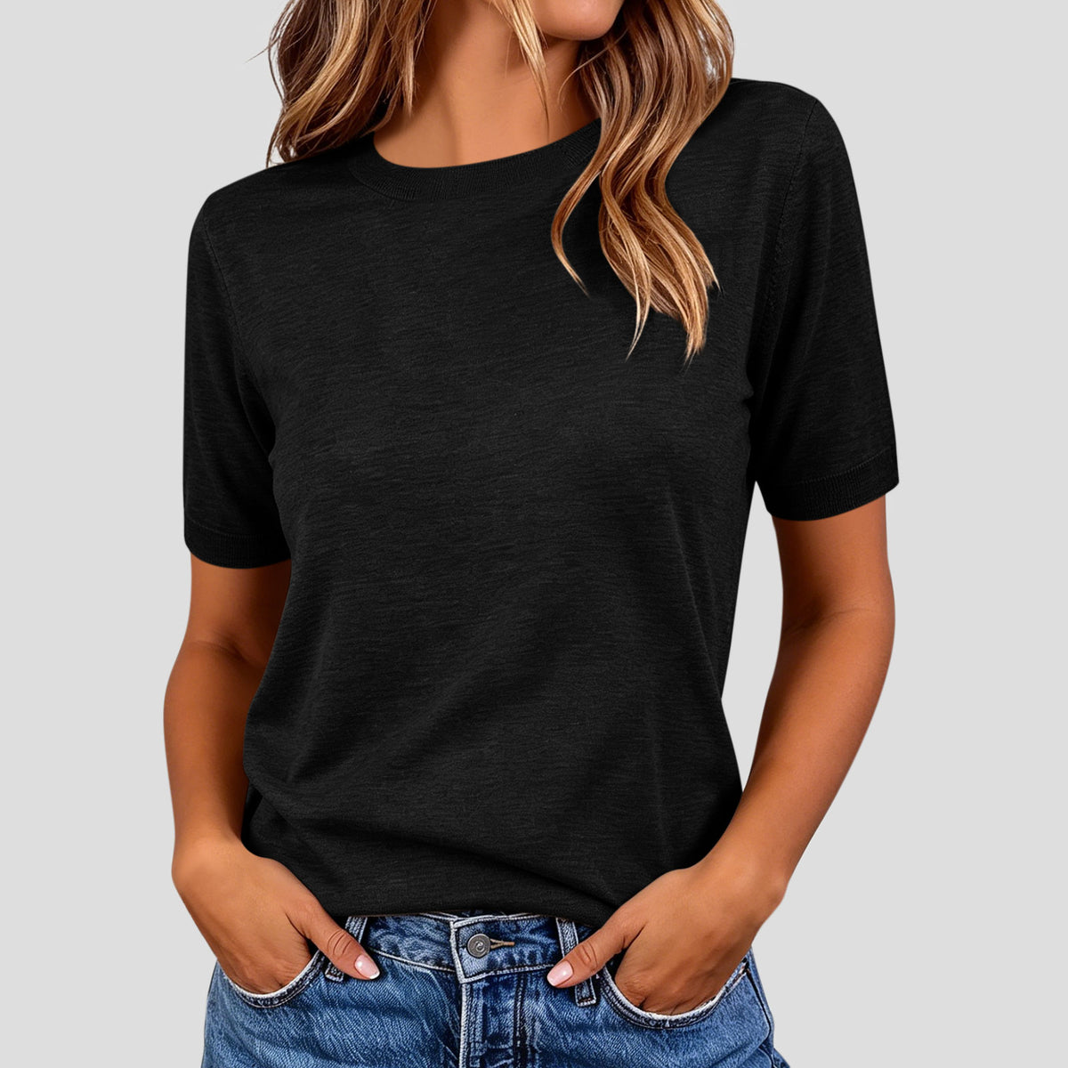 Women's Summer Lightweight Knit Short Sleeve T-shirt Solid Crewneck Loose Regular Fit Casual Versatile Top Sweater
