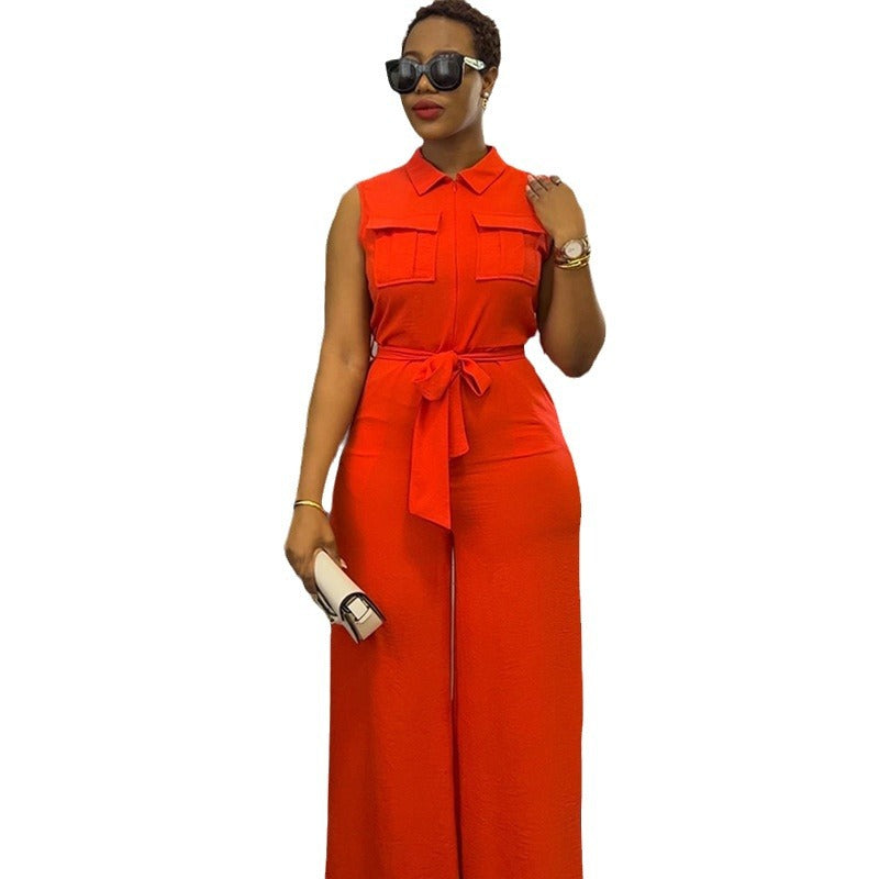 Sleeveless Wide Leg Jumpsuit with Pocket & Waist Trimming