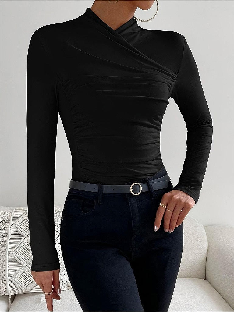 Cross Collar Pleated Slim Long Sleeve Top
