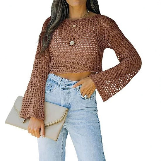 Long-sleeve Loose-fit Round-neck Hollow-out Sweater for Export