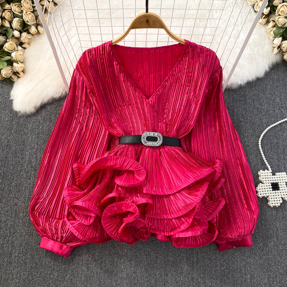 Lantern Long Sleeve V-neck Loose Belly-covering Waist Ruffle Hem Pullover Shirt