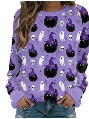 Women's Halloween Pumpkin Print Long-Sleeve Sweater