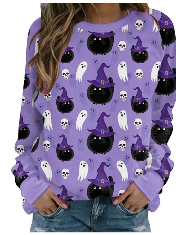 Women's Halloween Pumpkin Print Long-Sleeve Sweater
