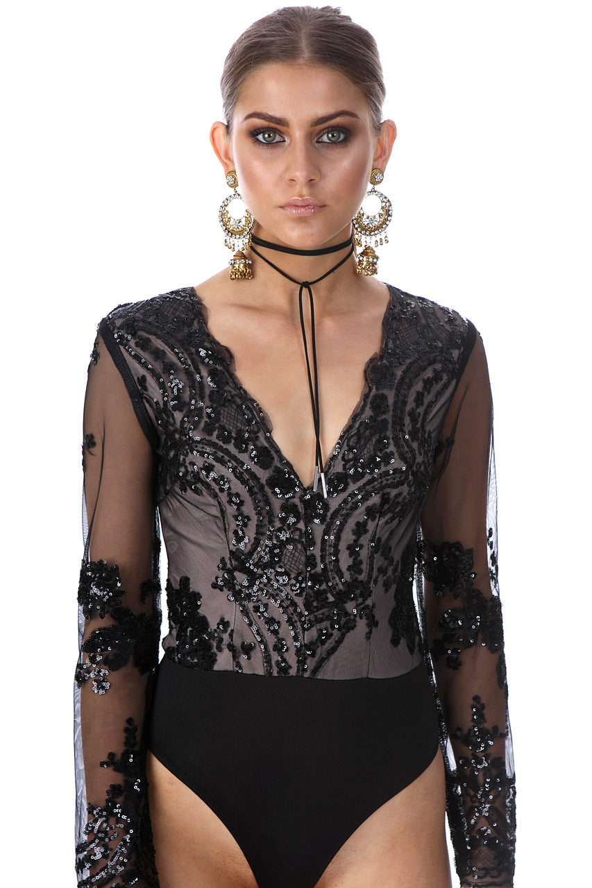 Sequin V-Neck Long-Sleeve Mesh Jumpsuit