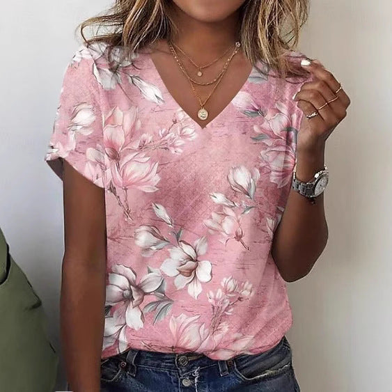 Floral V‑Neck Short‑Sleeve Tee – Loose Fit, 3D Print, Pink/Blue/White