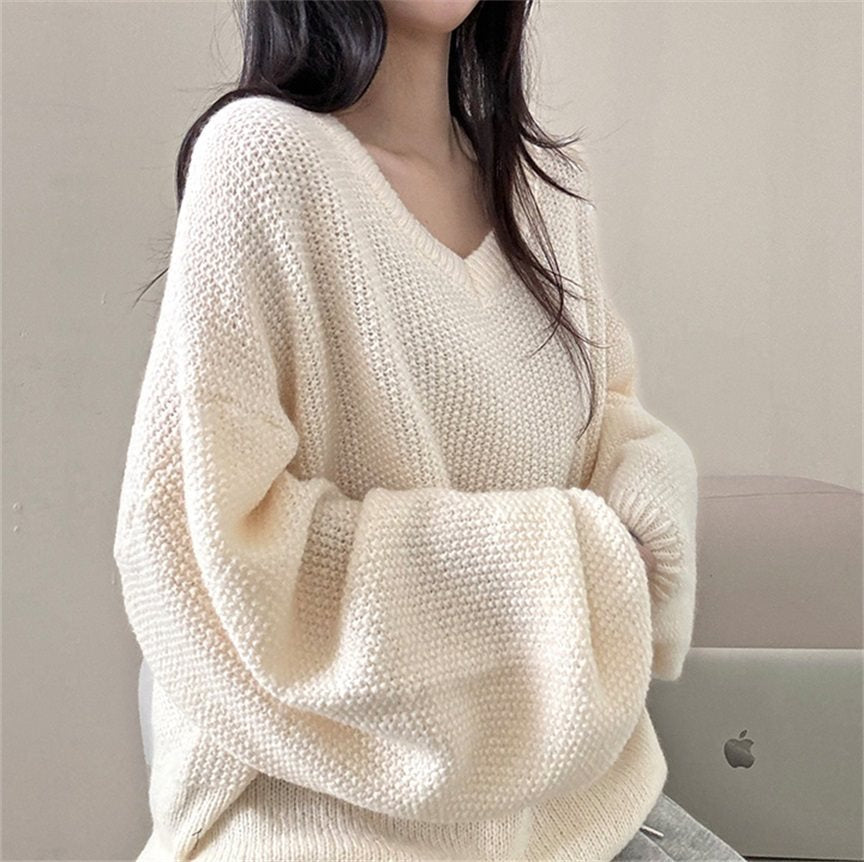 Autumn and Winter Thick V-neck Sweater Loose Mid-length Sweater