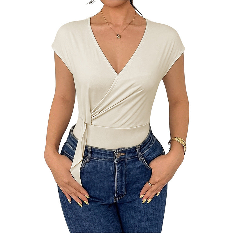 Solid-color V-neck Side-tie Full-sleeve Jumpsuit