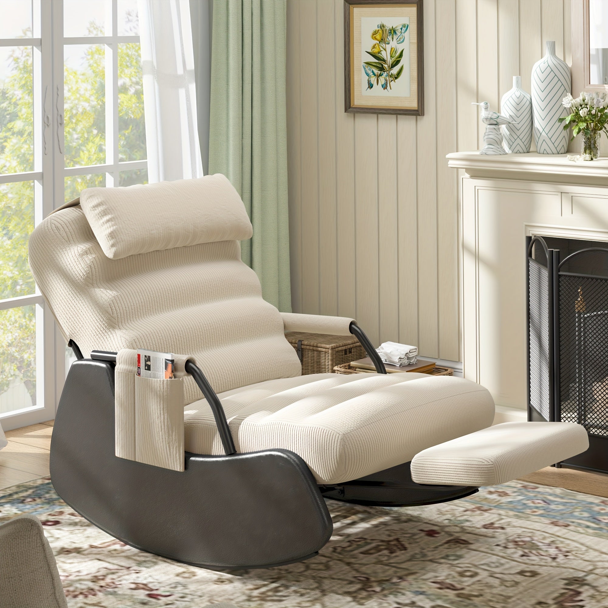 Nursery Glider Rocking Chair with Soft Cushioned Seat and Headrest, Corduroy Upholstery, Manual Rocker, Side Pocket – Dark Grey/Black