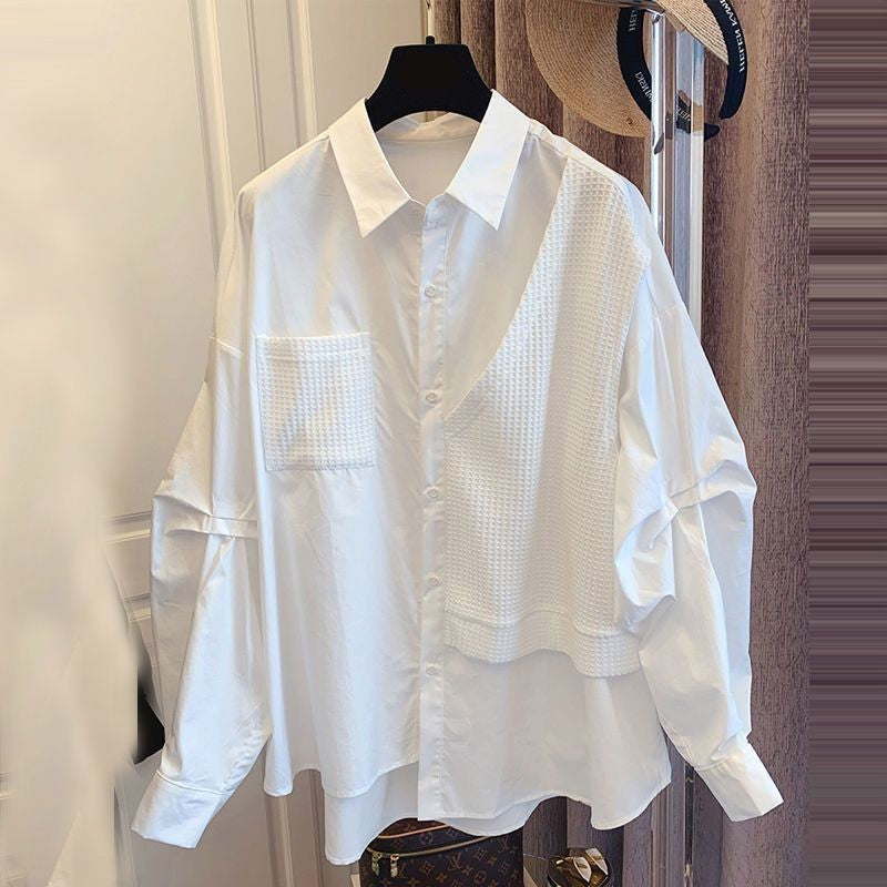 Stitching Waffle Fake Two Pieces Loose Casual Shirt Women