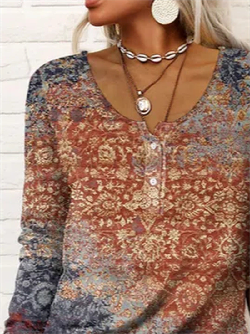 Geometric Floral U-Neck Long-Sleeve Button Tee